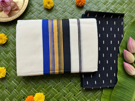 Pure Cotton Kerala Set Mundu Featuring a Striking Royal Blue, Black, and Gold Kasavu Border Complete with a Designer Woven Black Blouse Piece