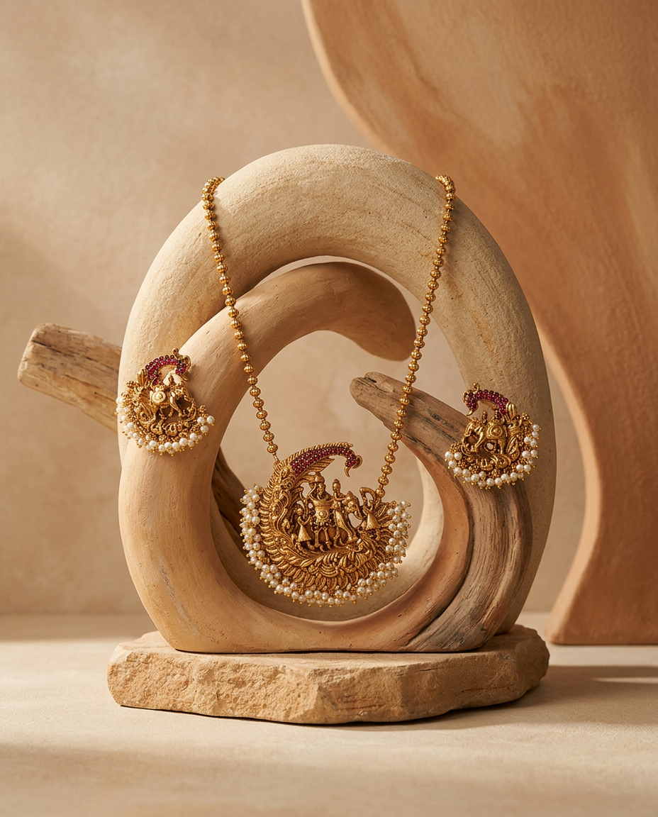 Antique Gold Crescent Temple Pendant Necklace & Earring Set