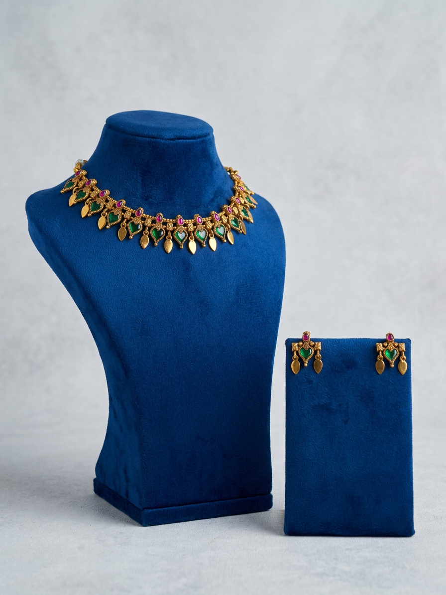 Antique Gold Mango Motif Gemstone Choker & Earrings Set
