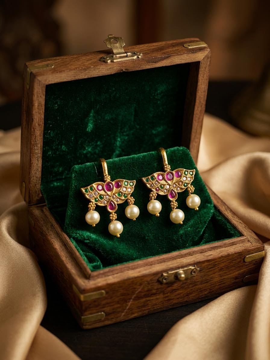 Traditional Antique Gold Stylized Butterfly Motif Clip-On Bugadi with Multicolor Stones