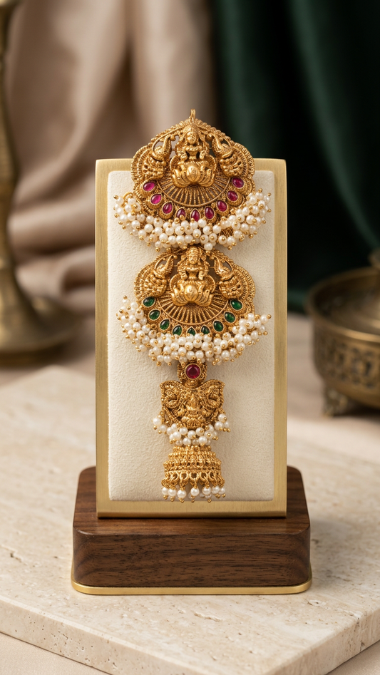 Majestic Gaja Lakshmi Antique Gold Pearl Tiered Jada Billa