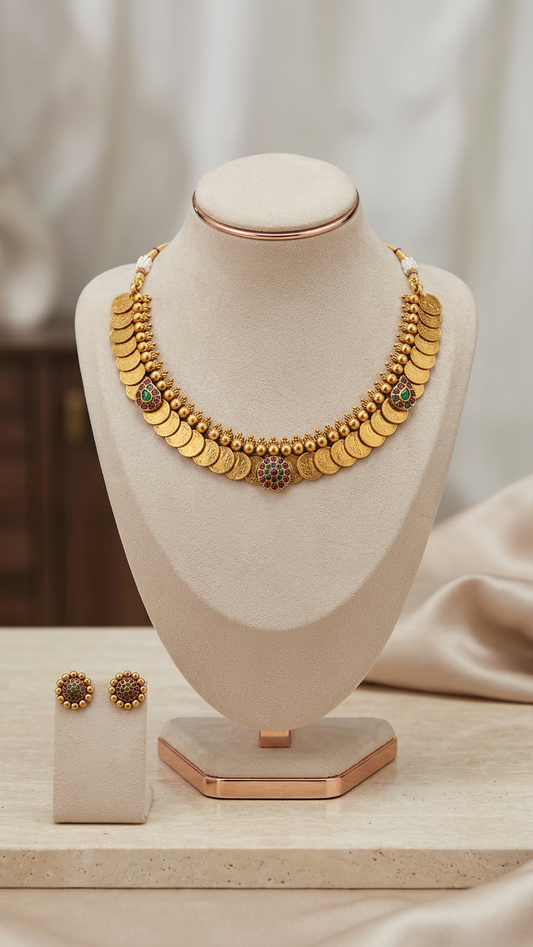 Traditional Matte Gold Kemp Motif Kasu Mala Set