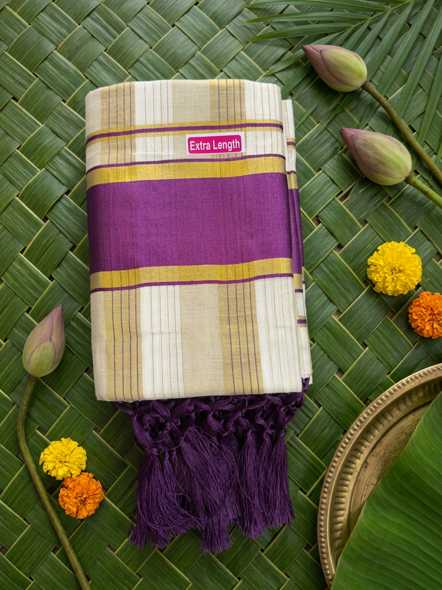 Extra Length Handwoven Pure Cotton Kerala Set Mundu