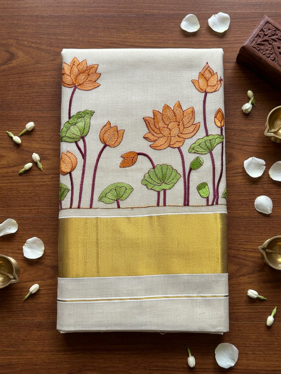 Blooming Lotus Kasavu Elegance - Tissue Saree