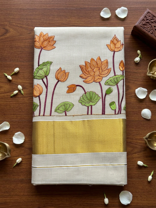 Blooming Lotus Kasavu Elegance - Tissue Saree