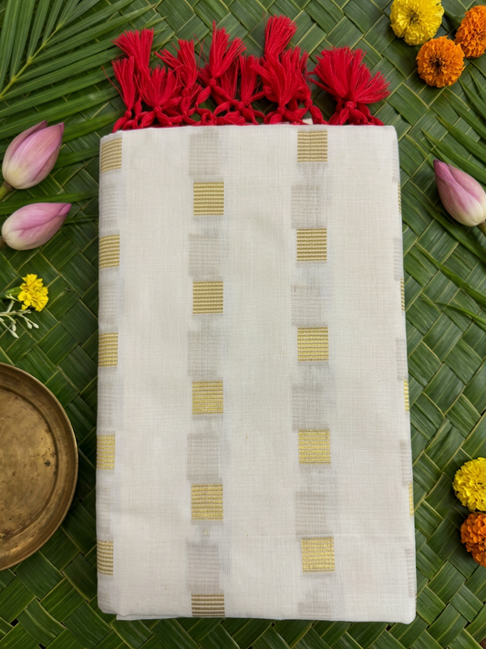 Aarohi Ivory  Cotton Saree with Zari Checks & Red Tassels