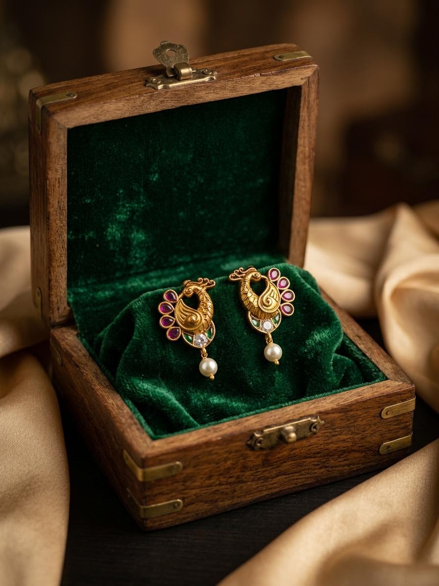 Traditional Antique Gold Peacock Motif Clip-On Bugadi with Multicolor Stones & Pearl Drop