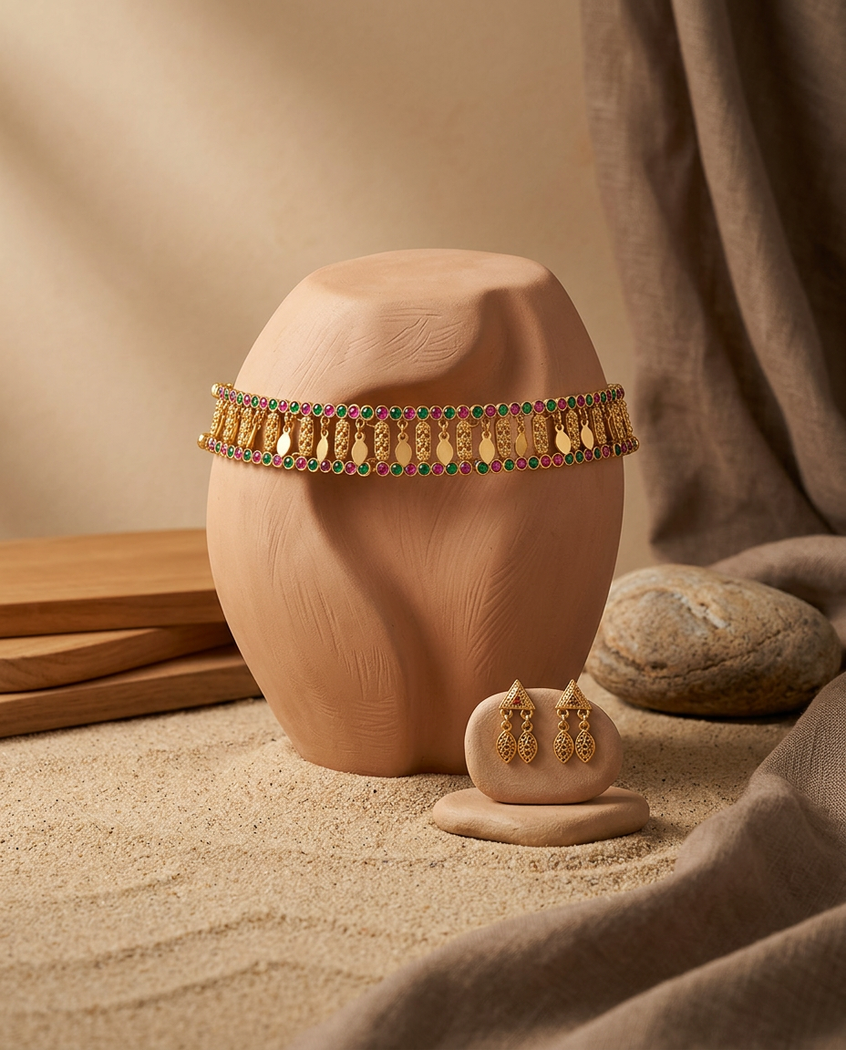 Traditional Gold Ruby & Emerald Leaf Motif Choker Set