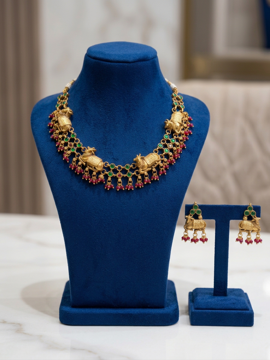 Antique Gold Cow Motif Temple Necklace Set