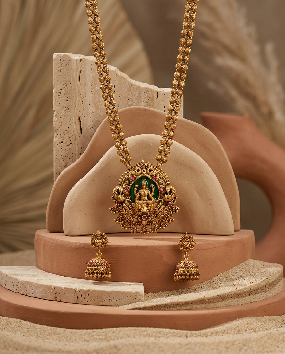Antique Gold Dual-Strand Lakshmi Pendant Haram & Jhumka Set