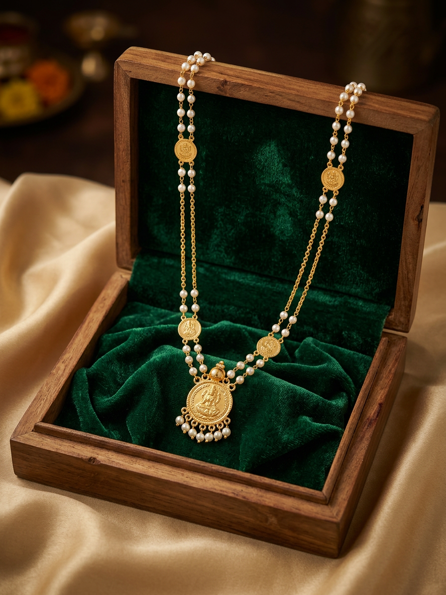 Traditional Gold Lakshmi Coin & Pearl Long Necklace