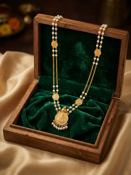 Traditional Gold Lakshmi Coin & Pearl Long Necklace