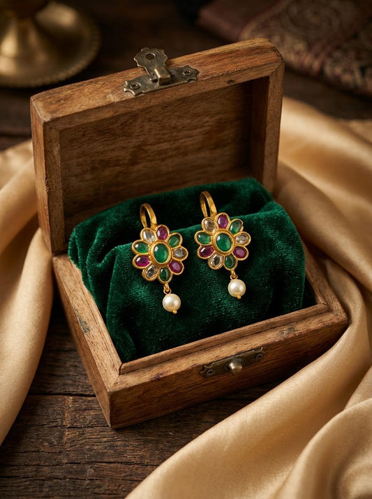 Traditional Antique Gold Multicolor Floral Clip-On Bugadi with Pearl Drop