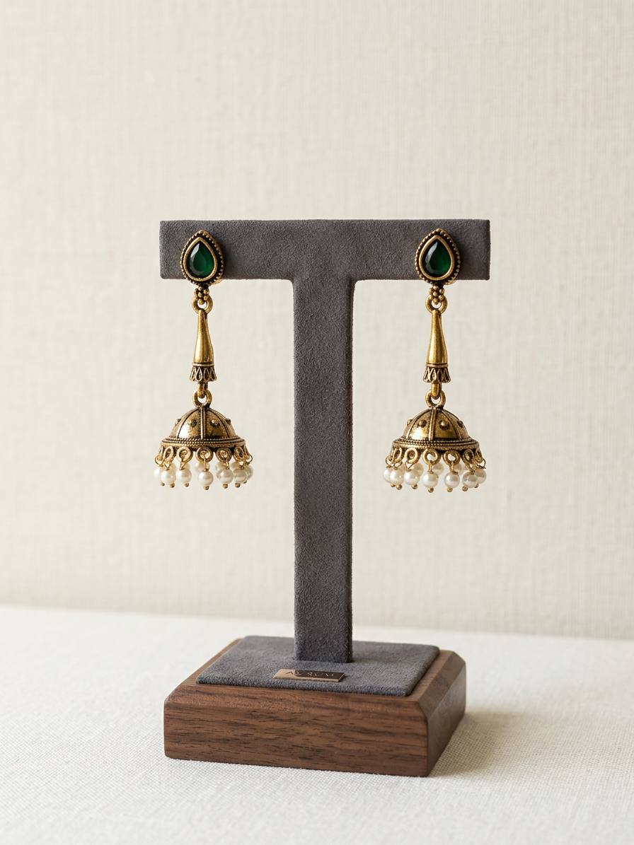 Teardrop Stone Antique Gold Pearl Jhumka Earrings