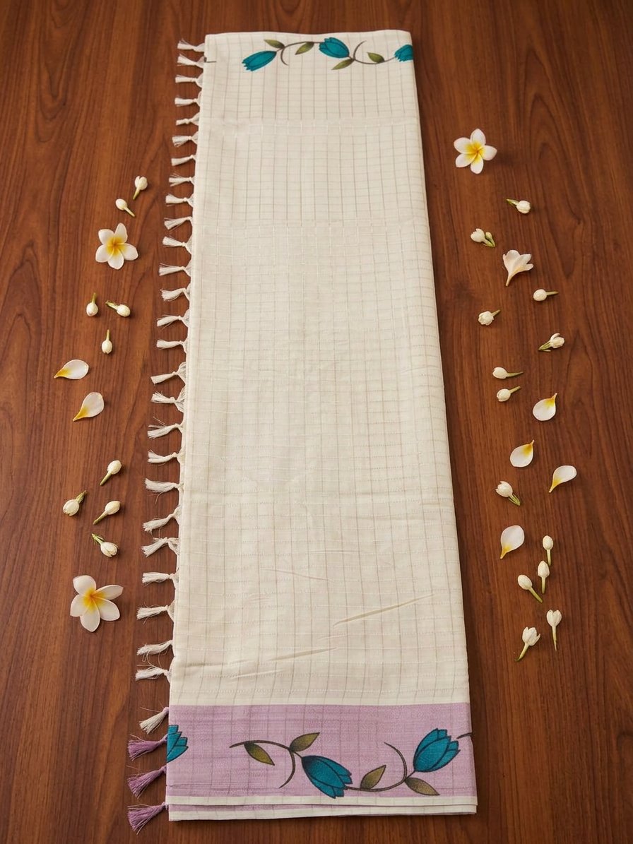 Off-White Cotton Saree with Subtle Micro-Check Weave, Artisanal Teal Floral Vine Motifs, Soft Pastel Lavender Pallu Accent, and Elegant Hand-Knotted Tassels