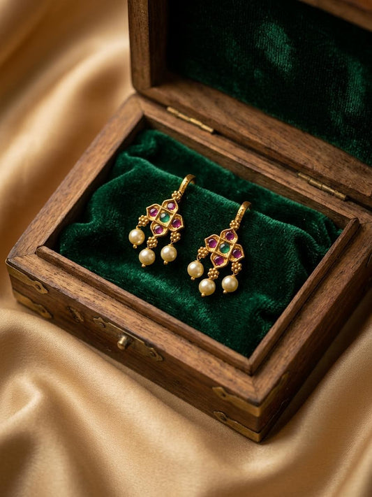 Traditional Antique Gold Geometric Cross Clip-On Bugadi with Multicolored Stones & Pearls