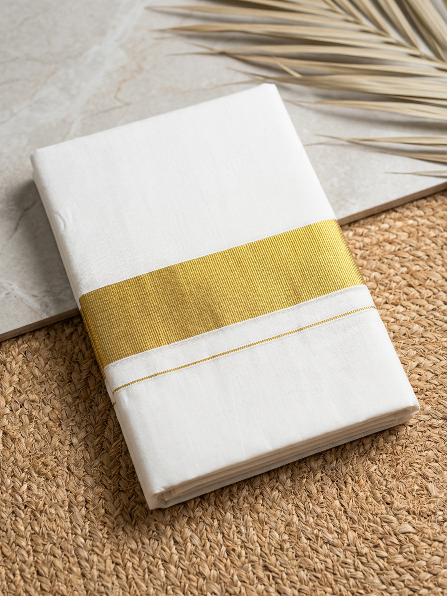 Majestic Heritage:  White Cotton Kasavu Mundu with Solid Gold Border
