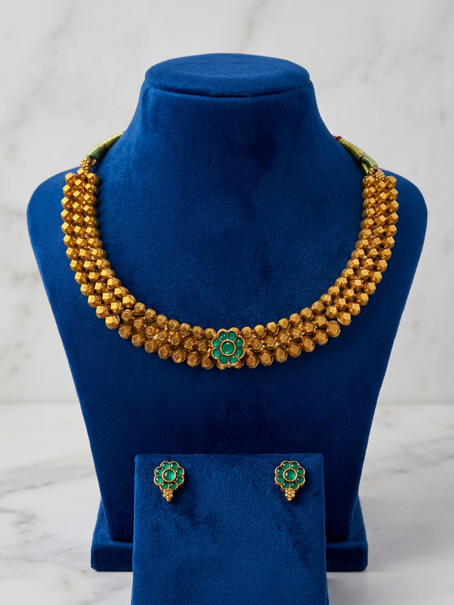 Antique Gold Beaded Mesh Choker Necklace Set with Floral Motif