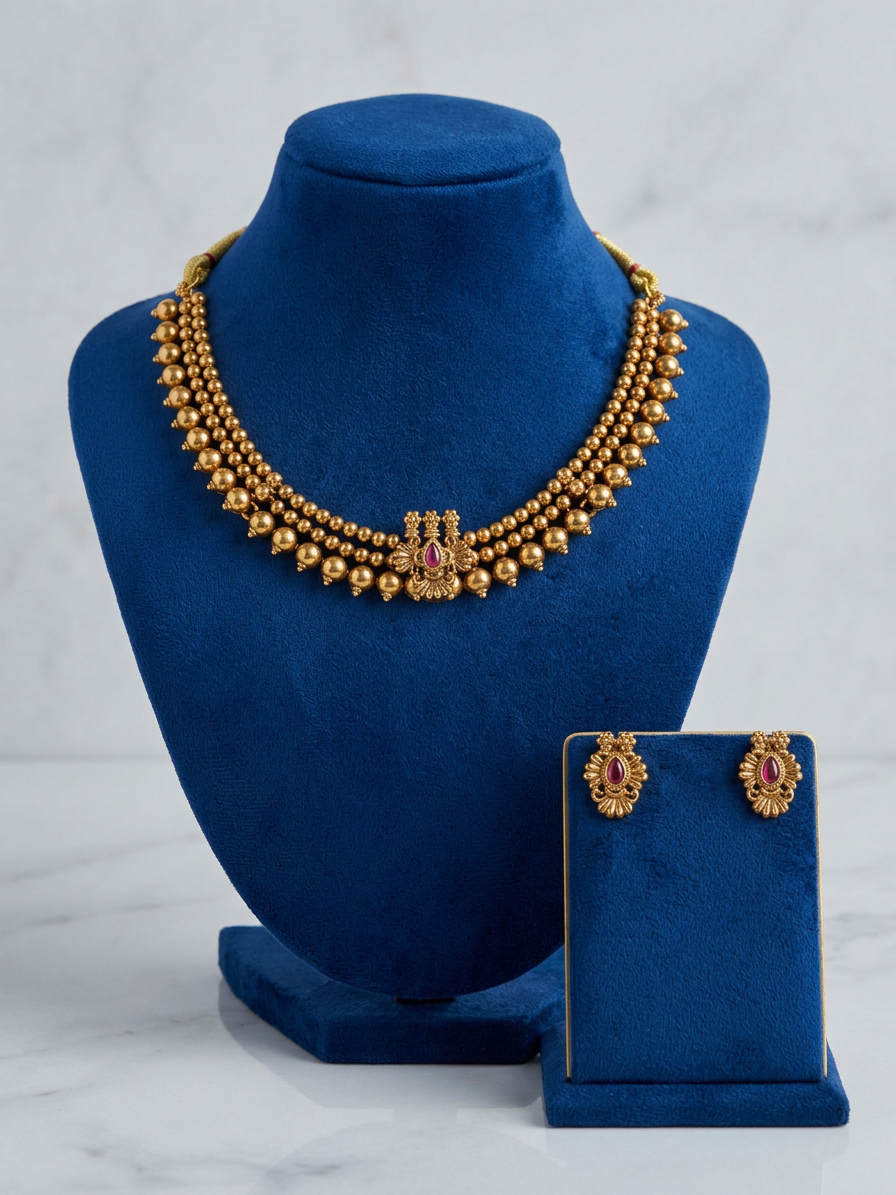 Traditional Triple-Layered Antique Gold Bead Choker Set