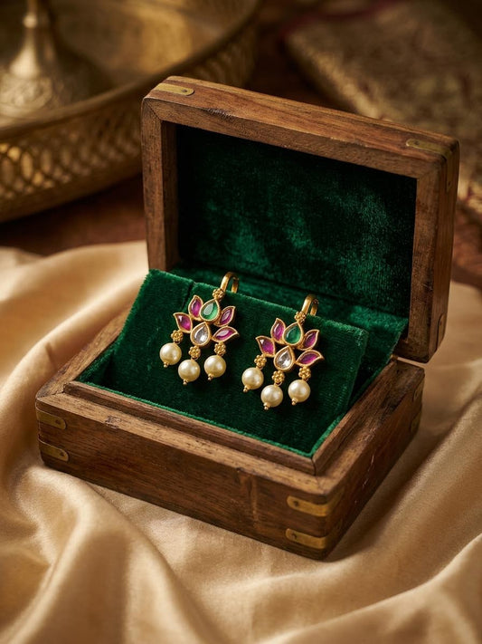 Traditional Antique Gold Lotus Motif Clip-On Bugadi with Multicolor Stones & Pearls