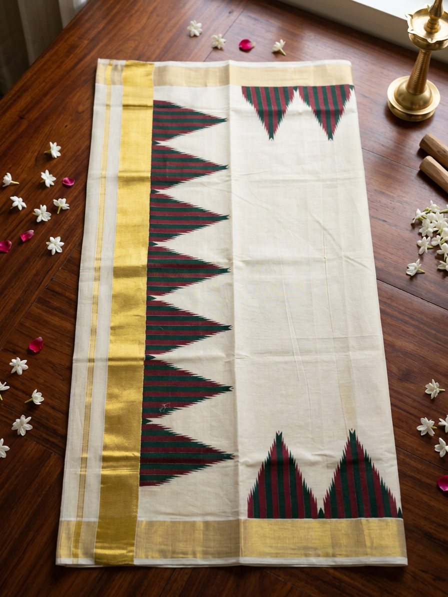 Off-White Tissue Saree with Resplendent Gold Zari Border and Striking Maroon and Green Geometric Temple Motifs
