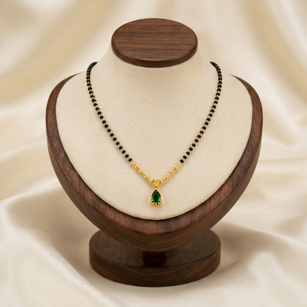Minimalist Gold-Plated Black Bead Emerald Teardrop Mangalsutra