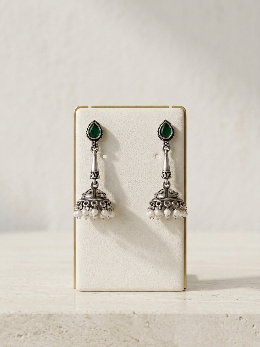 Teardrop Stone Oxidised Silver Pearl Jhumka Earrings