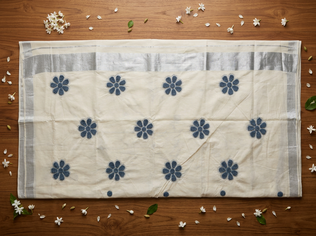 Slate Blue Floral Textured Silver Kasavu Saree
