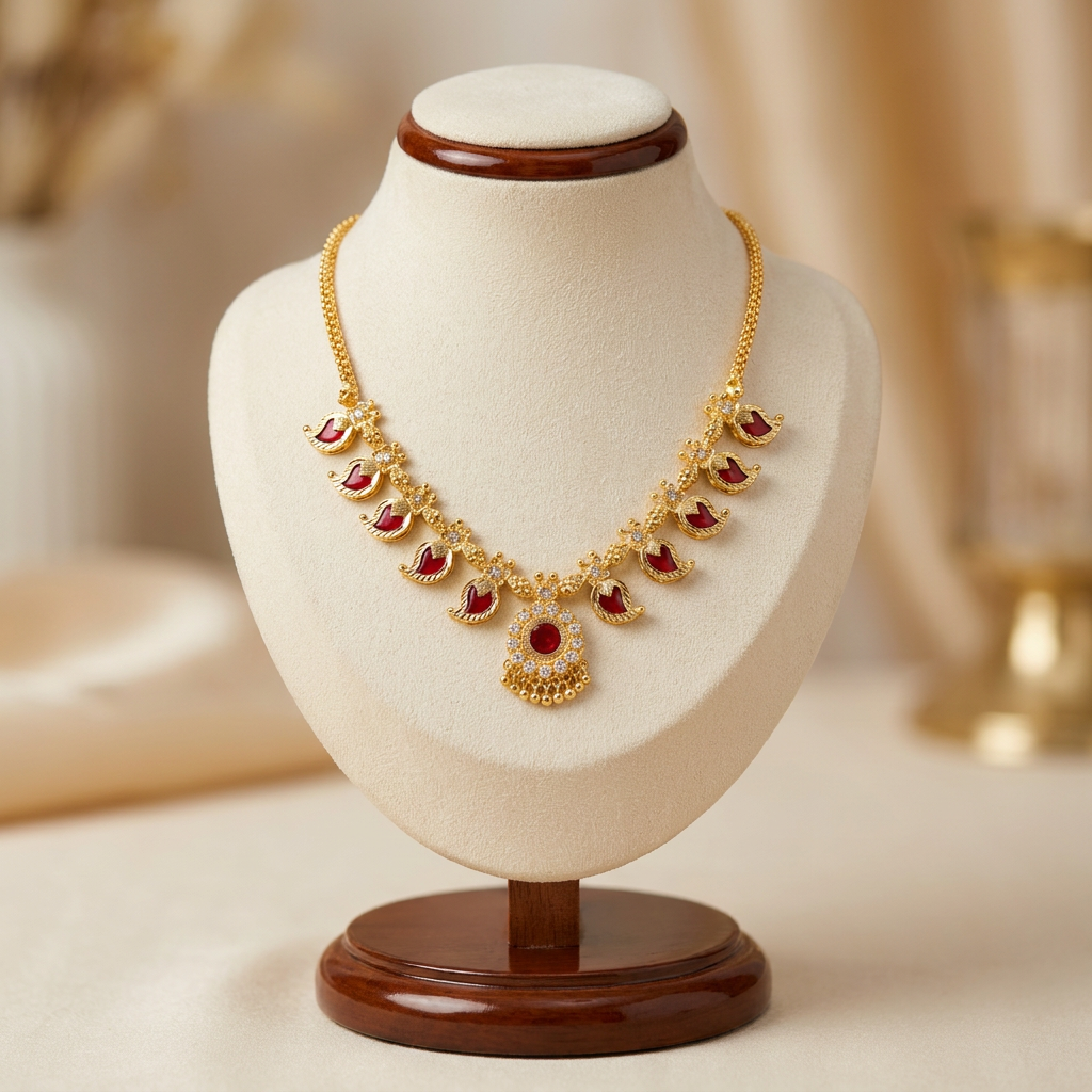Traditional Ruby Studded Gold Mango Mala Necklace