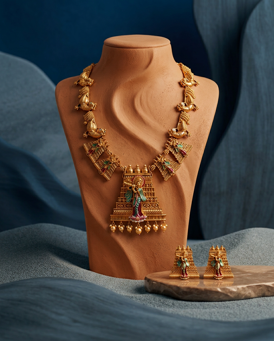 Antique Gold Enamelled Krishna Temple Necklace Set