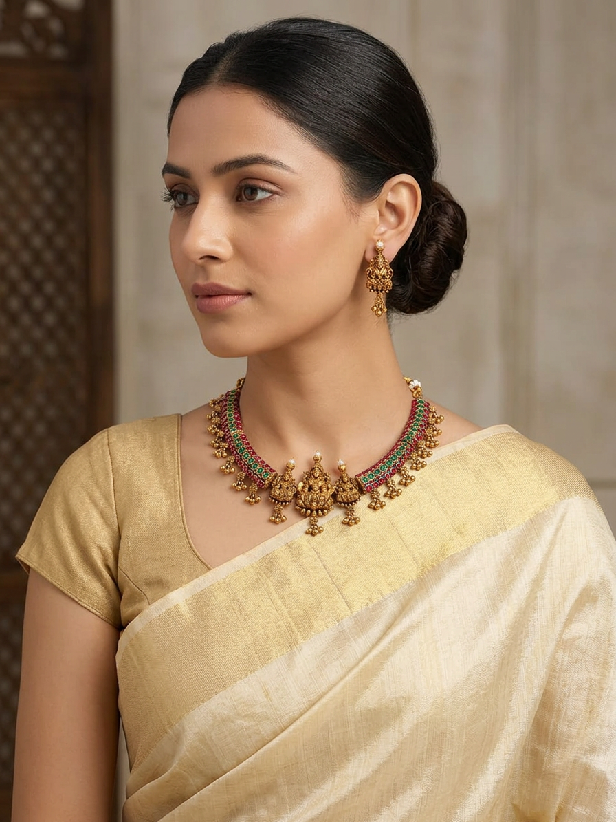 Traditional Antique Gold Goddess Lakshmi Kemp Necklace Set